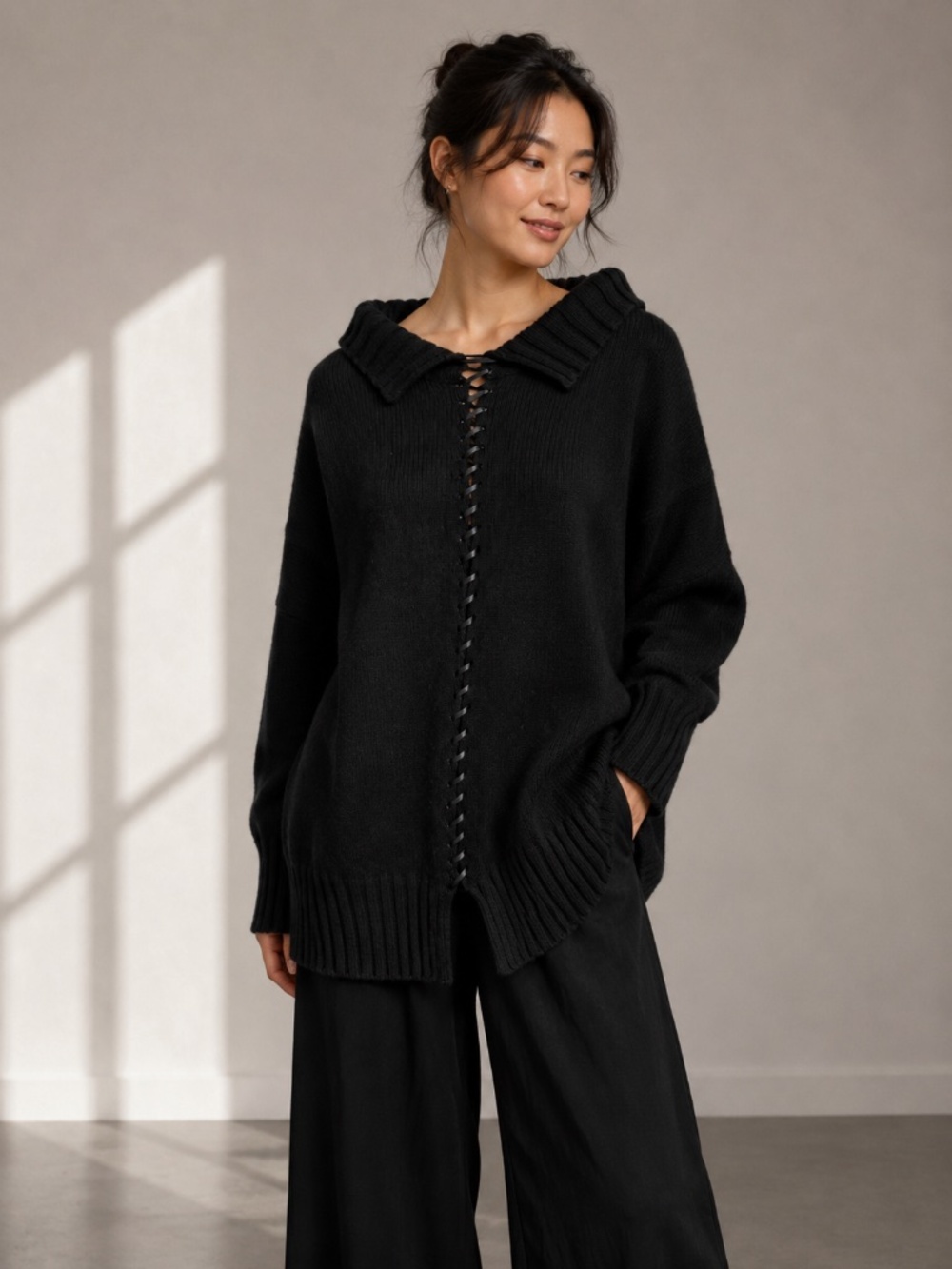 PIER ANTONIO GASPARI Black oversized knit cardigan with a wide collar, long slee